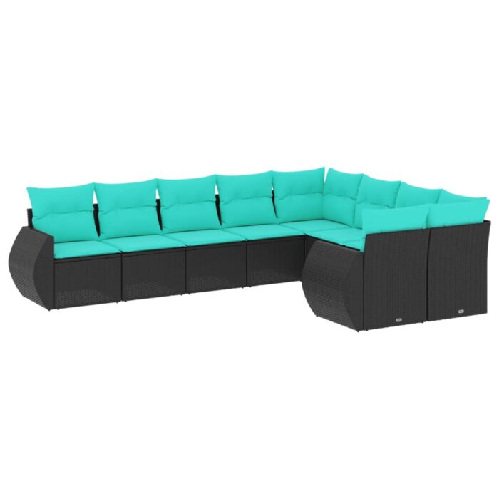 9-teiliges Gartensofa-Set mit Kissen, schwarzes Polyrattan – Bild 2