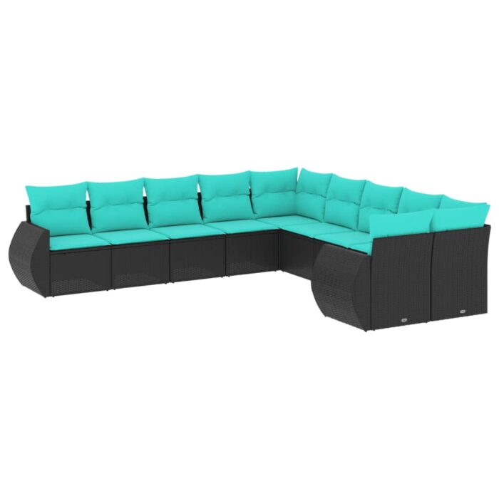 10-teiliges Gartensofa-Set mit Kissen, schwarzes Polyrattan – Bild 2