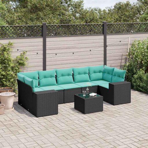 3222336_1.jpg 8-teiliges Gartensofa-Set mit Kissen, schwarzes Polyrattan – Bild 1