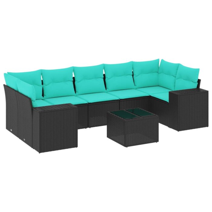 8-teiliges Gartensofa-Set mit Kissen, schwarzes Polyrattan – Bild 2