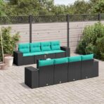 9-teiliges Gartensofa-Set mit Kissen, schwarzes Polyrattan