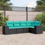 5-teiliges Gartensofa-Set mit Kissen, schwarzes Polyrattan