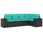 5-teiliges Gartensofa-Set mit Kissen, schwarzes Polyrattan – Bild 2
