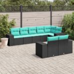 8-teiliges Gartensofa-Set mit Kissen, schwarzes Polyrattan
