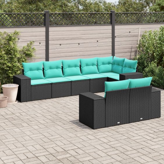 3222816_1.jpg 8-teiliges Gartensofa-Set mit Kissen, schwarzes Polyrattan – Bild 1