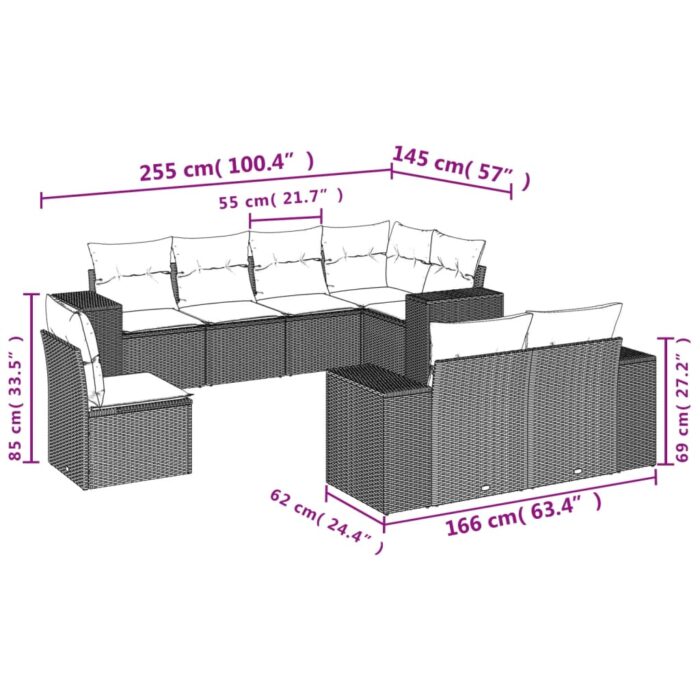 8-teiliges Gartensofa-Set mit Kissen, schwarzes Polyrattan – Bild 7