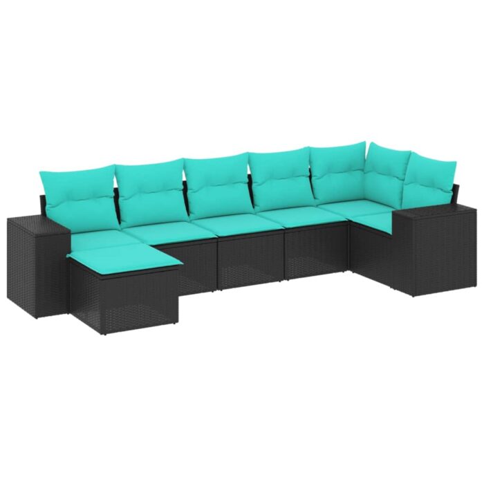 7-teiliges Gartensofa-Set mit Kissen, schwarzes Polyrattan – Bild 2
