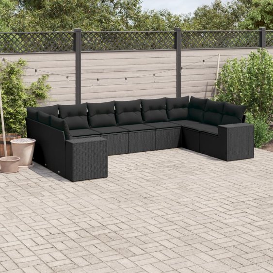 3223064_1.jpg 10-tlg. Garten-Sofagarnitur mit Kissen Schwarz Poly Rattan – Bild 1