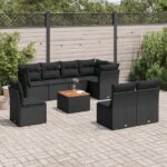 9-tlg. Garten-Sofagarnitur mit Kissen Schwarz Poly Rattan