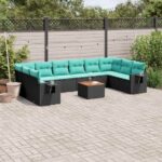 11-teiliges Gartensofa-Set mit Kissen, schwarzes Polyrattan