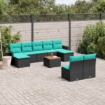 10-teiliges Gartensofa-Set mit Kissen, schwarzes Polyrattan