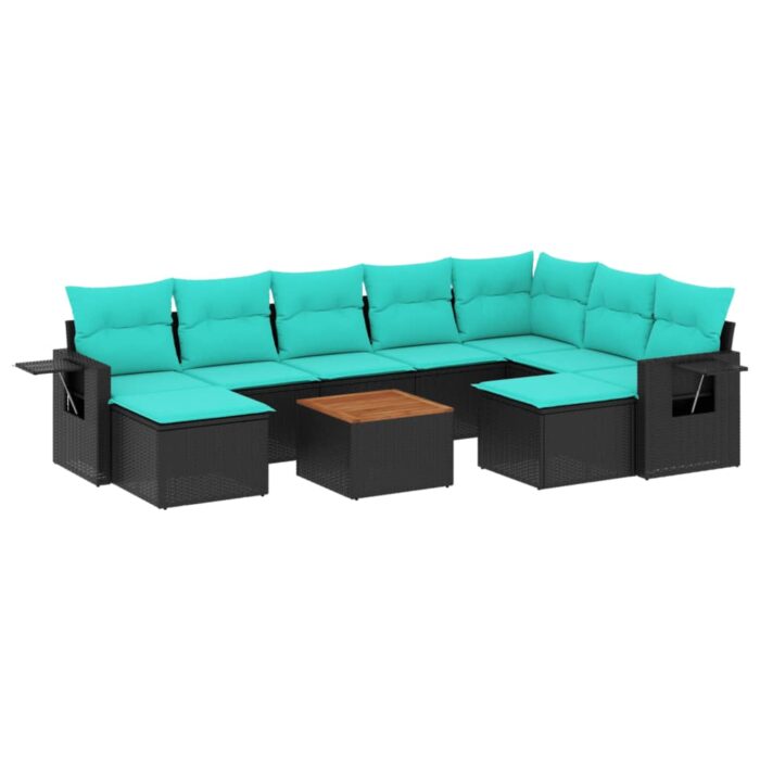 10-teiliges Gartensofa-Set mit Kissen, schwarzes Polyrattan – Bild 2