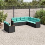 9-teiliges Gartensofa-Set mit Kissen, schwarzes Polyrattan