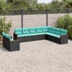 10-teiliges Gartensofa-Set mit Kissen, schwarzes Polyrattan