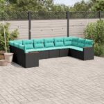 10-teiliges Gartensofa-Set mit Kissen, schwarzes Polyrattan