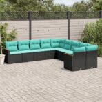 10-teiliges Gartensofa-Set mit Kissen, schwarzes Polyrattan