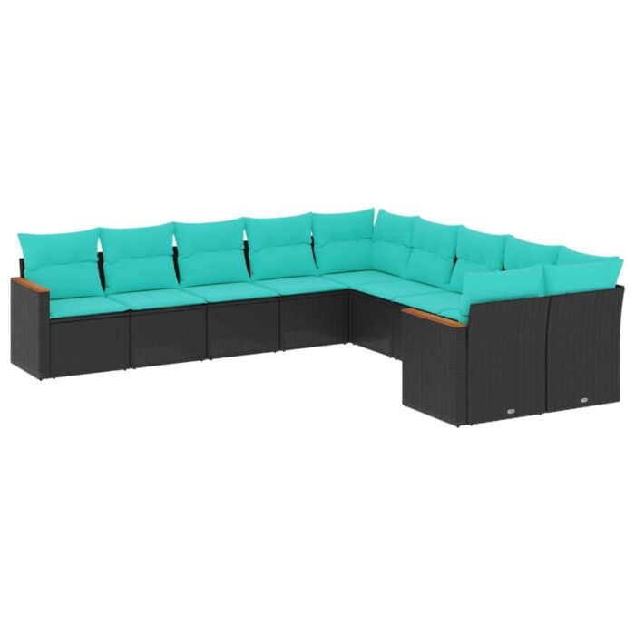 10-teiliges Gartensofa-Set mit Kissen, schwarzes Polyrattan – Bild 2