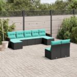 9-teiliges Gartensofa-Set mit Kissen, schwarzes Polyrattan