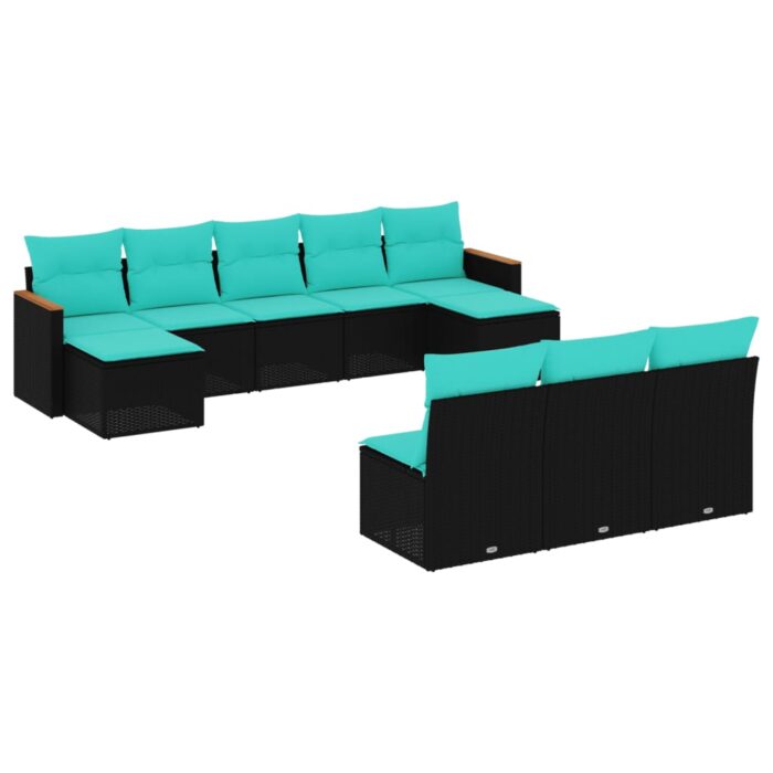 10-teiliges Gartensofa-Set mit Kissen, schwarzes Polyrattan – Bild 2