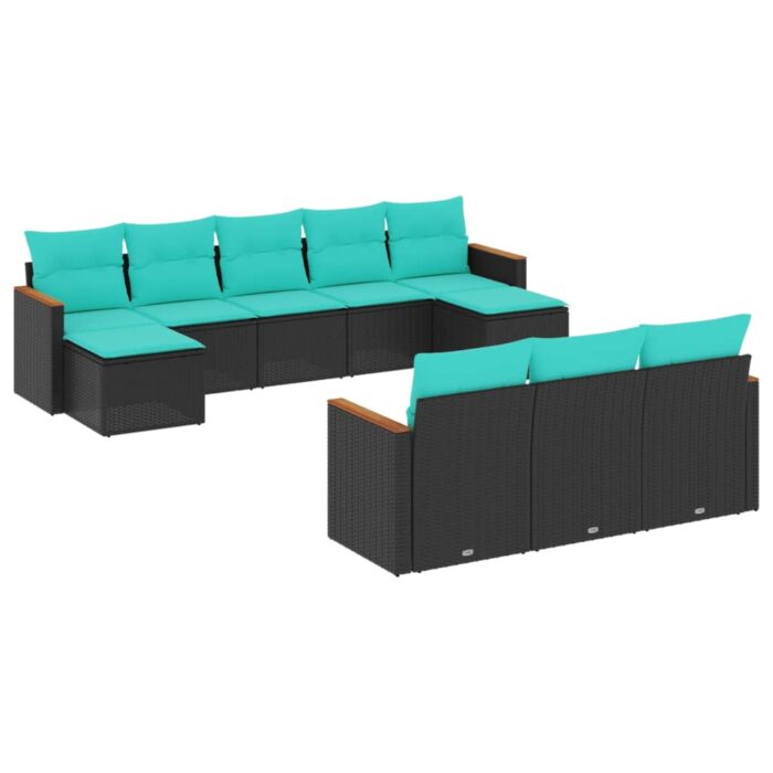 10-teiliges Gartensofa-Set mit Kissen, schwarzes Polyrattan – Bild 2