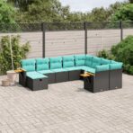 10-tlg. Garten-Sofagarnitur mit Kissen Schwarz Poly Rattan