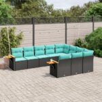 10-tlg. Garten-Sofagarnitur mit Kissen Schwarz Poly Rattan