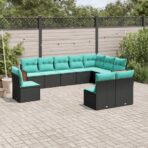 10-teiliges Gartensofa-Set mit Kissen, schwarzes Polyrattan