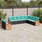 10-teiliges Gartensofa-Set mit Kissen, schwarzes Polyrattan