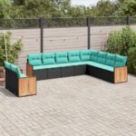 10-teiliges Gartensofa-Set mit Kissen, schwarzes Polyrattan