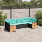 7-teiliges Gartensofa-Set mit Kissen, schwarzes Polyrattan
