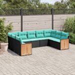 9-teiliges Gartensofa-Set mit Kissen, schwarzes Polyrattan