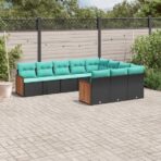 10-teiliges Gartensofa-Set mit Kissen, schwarzes Polyrattan