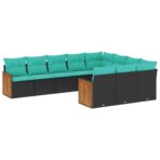 10-teiliges Gartensofa-Set mit Kissen, schwarzes Polyrattan – Bild 2
