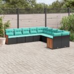 10-teiliges Gartensofa-Set mit Kissen, schwarzes Polyrattan