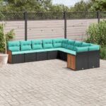 10-teiliges Gartensofa-Set mit Kissen, schwarzes Polyrattan