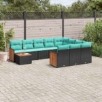 11-teiliges Gartensofa-Set mit Kissen, schwarzes Polyrattan