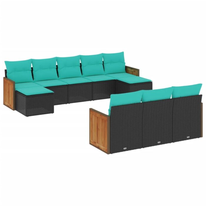 10-teiliges Gartensofa-Set mit Kissen, schwarzes Polyrattan – Bild 2