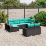 10-teiliges Gartensofa-Set mit Kissen, schwarzes Polyrattan