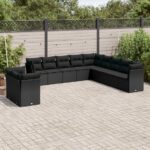 11-tlg. Garten-Sofagarnitur mit Kissen Schwarz Poly Rattan