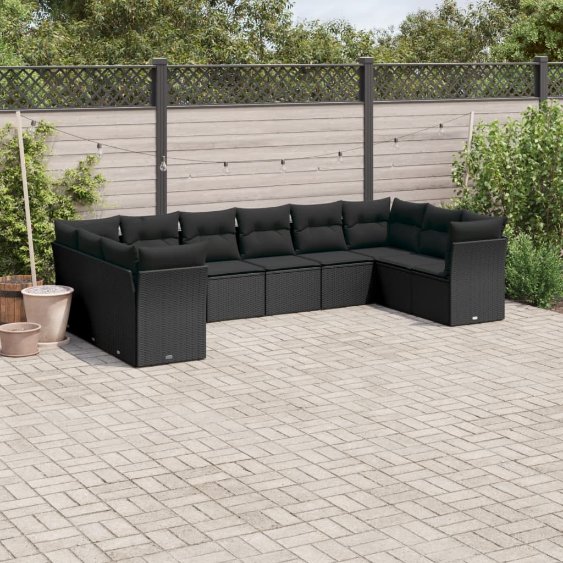 3250034_1.jpg 10-tlg. Garten-Sofagarnitur mit Kissen Schwarz Poly Rattan – Bild 1