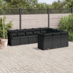 10-tlg. Garten-Sofagarnitur mit Kissen Schwarz Poly Rattan