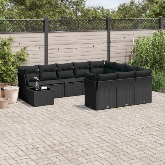 3250094_1.jpg 11-tlg. Garten-Sofagarnitur mit Kissen Schwarz Poly Rattan – Bild 1
