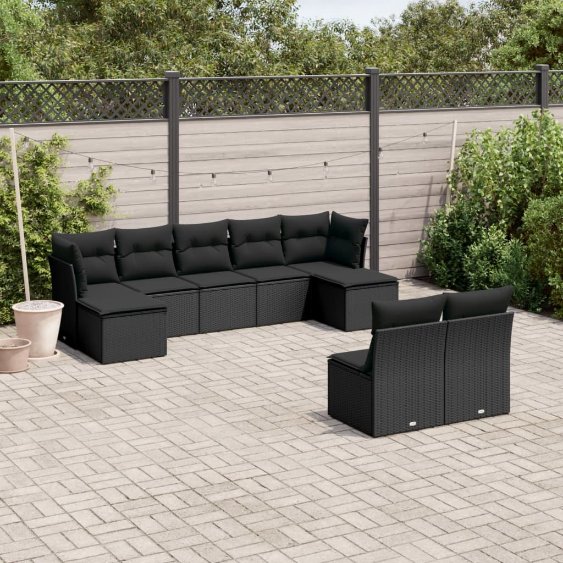 3250104_1.jpg 9-tlg. Garten-Sofagarnitur mit Kissen Schwarz Poly Rattan – Bild 1