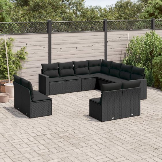 3251462_1.jpg 11-tlg. Garten-Sofagarnitur mit Kissen Schwarz Poly Rattan – Bild 1