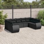 9-tlg. Garten-Sofagarnitur mit Kissen Schwarz Poly Rattan