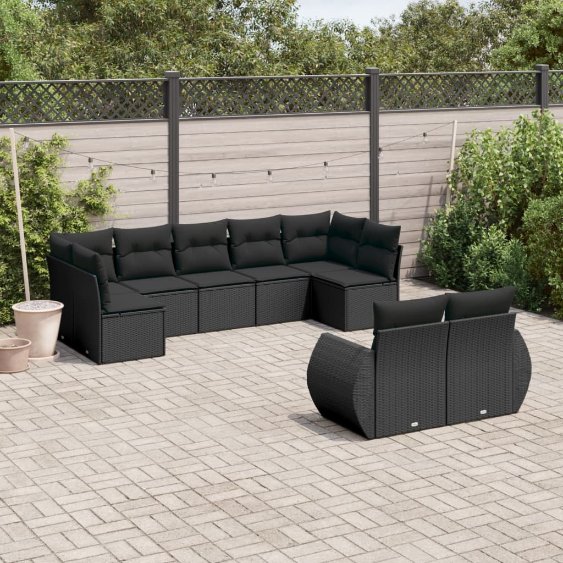 3254152_1.jpg 9-tlg. Garten-Sofagarnitur mit Kissen Schwarz Poly Rattan – Bild 1