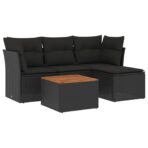 5-tlg. Garten-Sofagarnitur mit Kissen Schwarz Poly Rattan – Bild 2