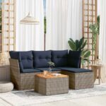5-teiliges Gartensofa-Set mit Kissen, grau, Polyrattan