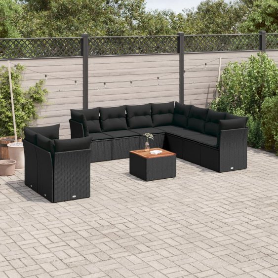 3256041_1.jpg 10-tlg. Garten-Sofagarnitur mit Kissen Schwarz Poly Rattan – Bild 1