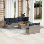 10-teiliges Gartensofa-Set mit Kissen, grau, Polyrattan